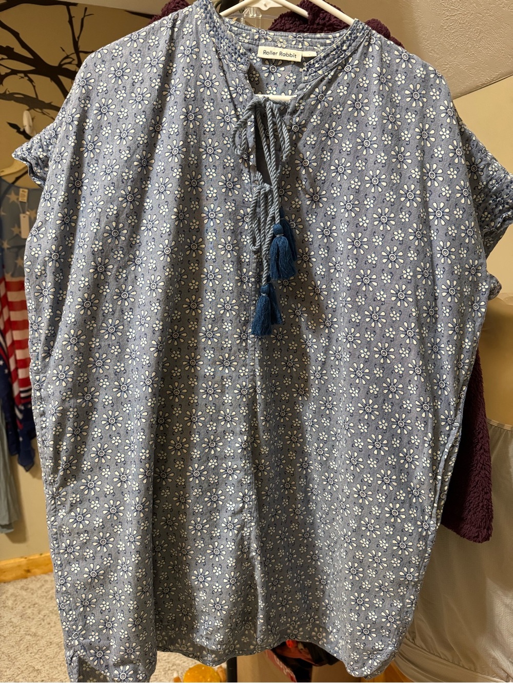 Roller Rabbit Blue Floral Tassel-Neck Top